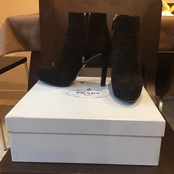 Prada Black Suede Heeled Ankle Boots Size 8 - Picture 1 of 4